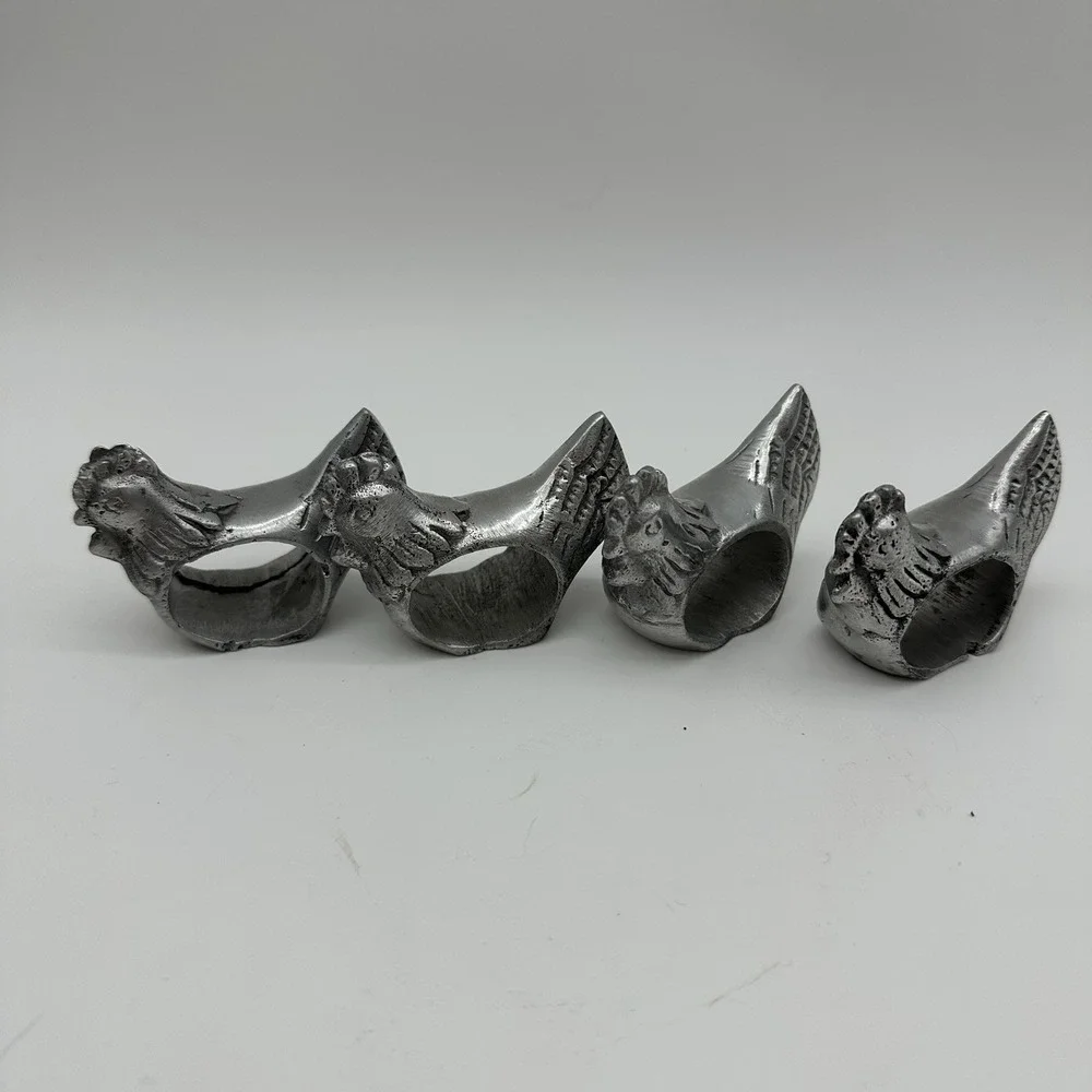 Vintage Pewter Metal Rooster Hens Napkin Rings‎ Holder Farmhouse Set of 4
